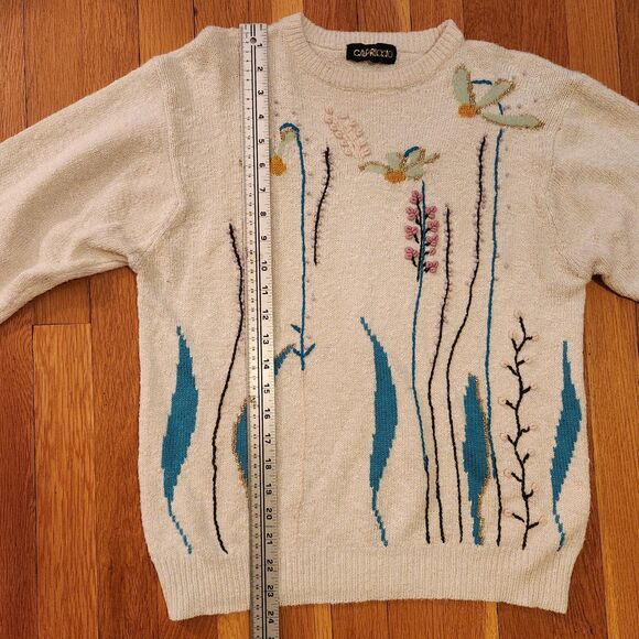 Vintage Capriccio Floral Embroidered Grandma Sweater Cream Boho Cottagecore Sz M - Picture 7 of 10